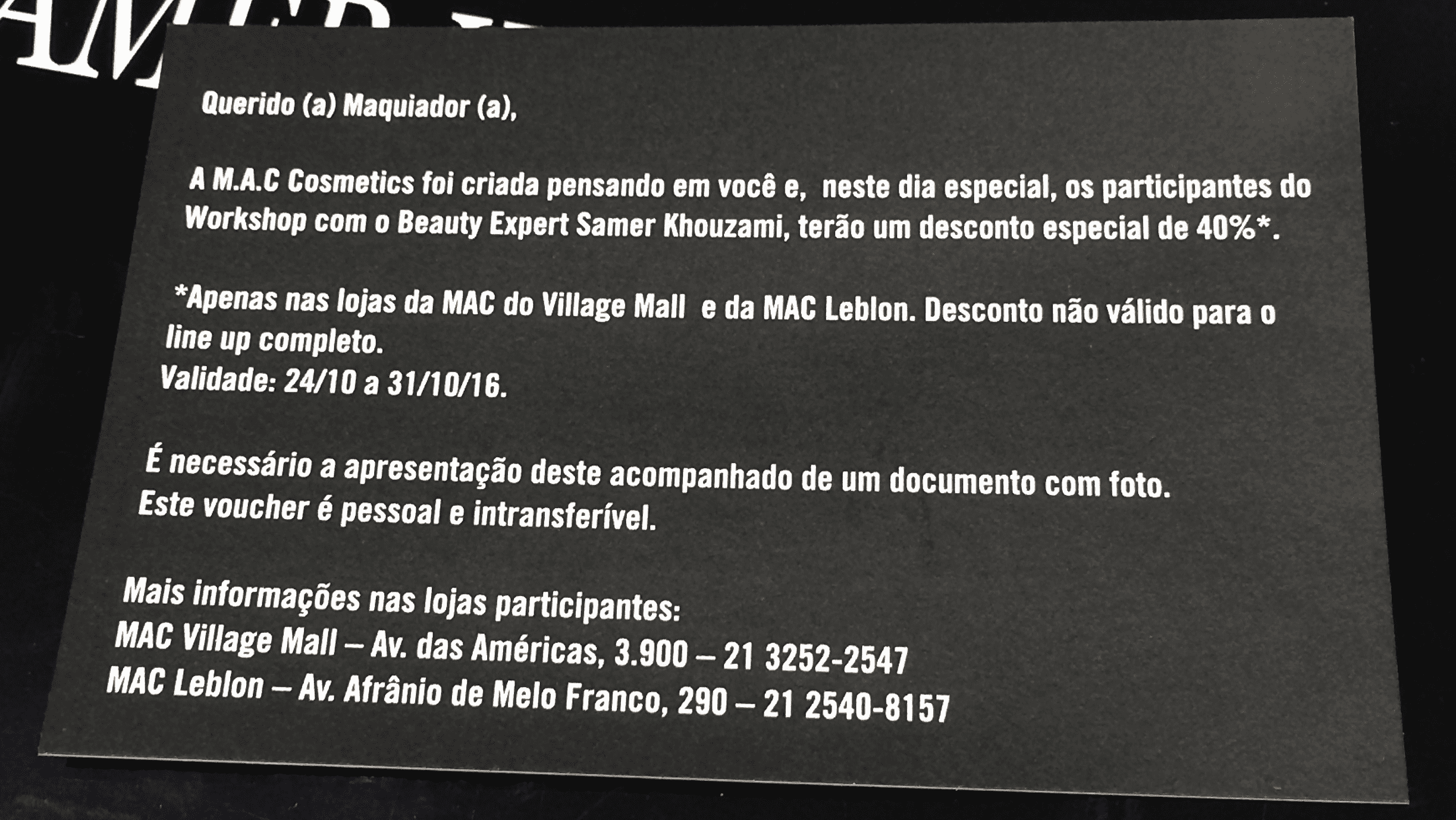 Cartão de desconto da MAC.