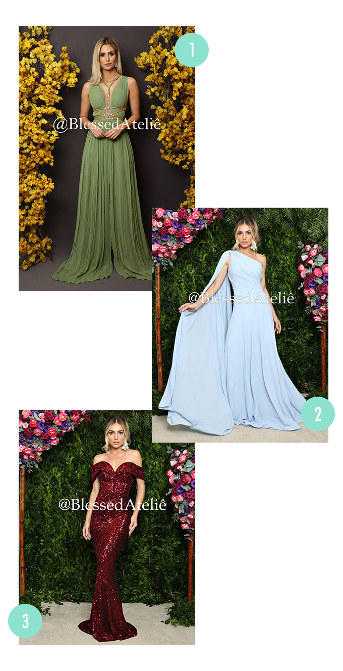 Vestidos longos da loja Blessed Ateliê. O primeiro é um vestido verde claro esvoaçante com detalhes em bordado de canutilho dourado, o segundo é um vestido azul claro esvoaçante estilo grego com um ombro só e o terceiro é um vestido vermelho modelo sereia em tecido de paetês.