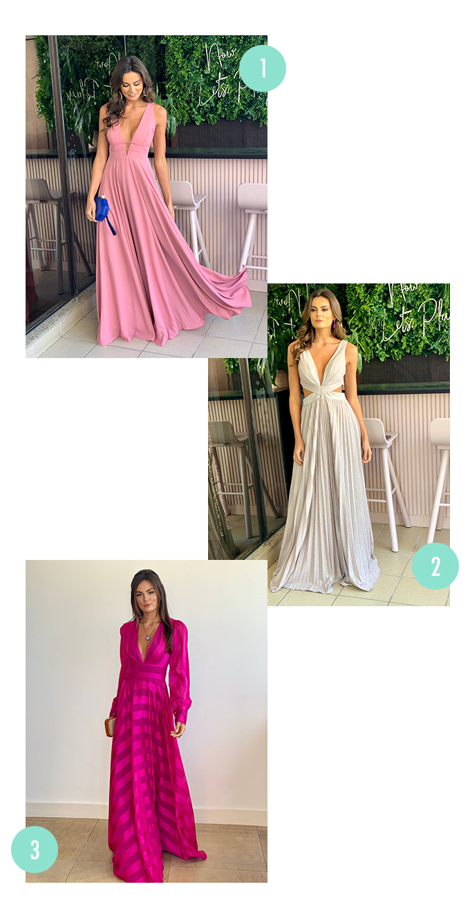 Vestidos longos da loja Party Brand. O primeiro é um vestido rosa claro esvoaçante, o segundo é um vestido longo de lurex prateado com recortes na cintura e o terceiro é um vestido longo de manga comprida rosa pink.