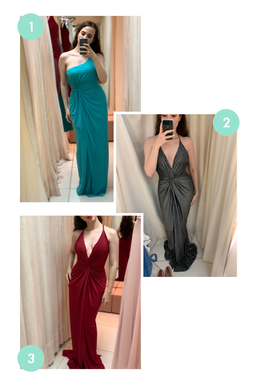 Vestidos longos da loja Party Brand. O primeiro é um vestido longo verde claro de um ombro só, o segundo é um vestido longo sereia de lurex chumbo com decote em V profundo e o terceiro é um vestido longo sereia vermelho com decote em V profundo.